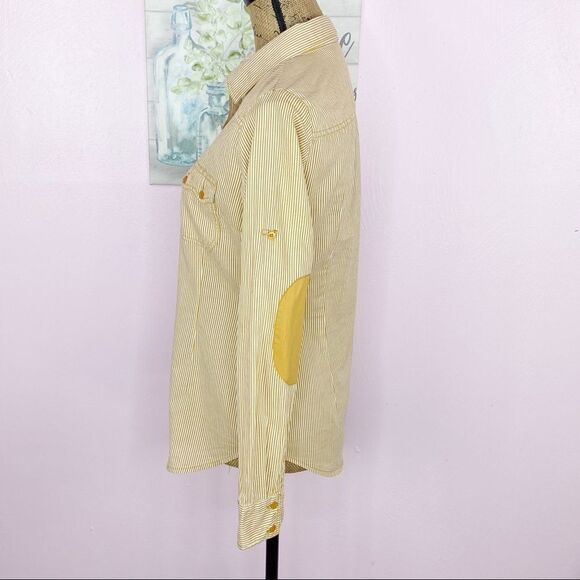 Zara TRF Button Front Shirt Striped Elbow Patches Medium Yellow White Oxford - Picture 2 of 9
